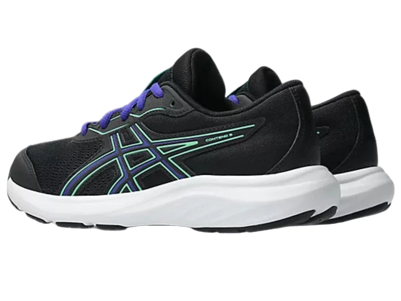 Black running shoes with blue accents on a light gray background
