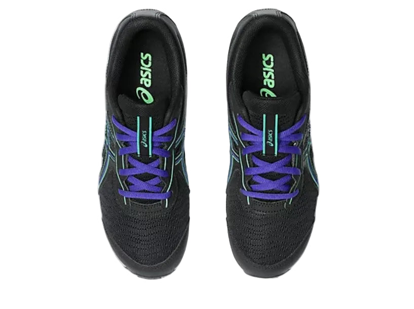 Black running shoes with purple laces on a white background