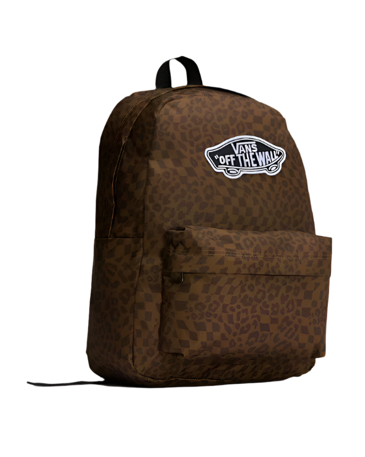 Brown patterned backpack with Vans 'Off The Wall' logo on a white background