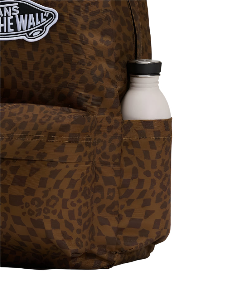 Leopard print backpack with a water bottle in the pocket, featuring a visible brand logo.
