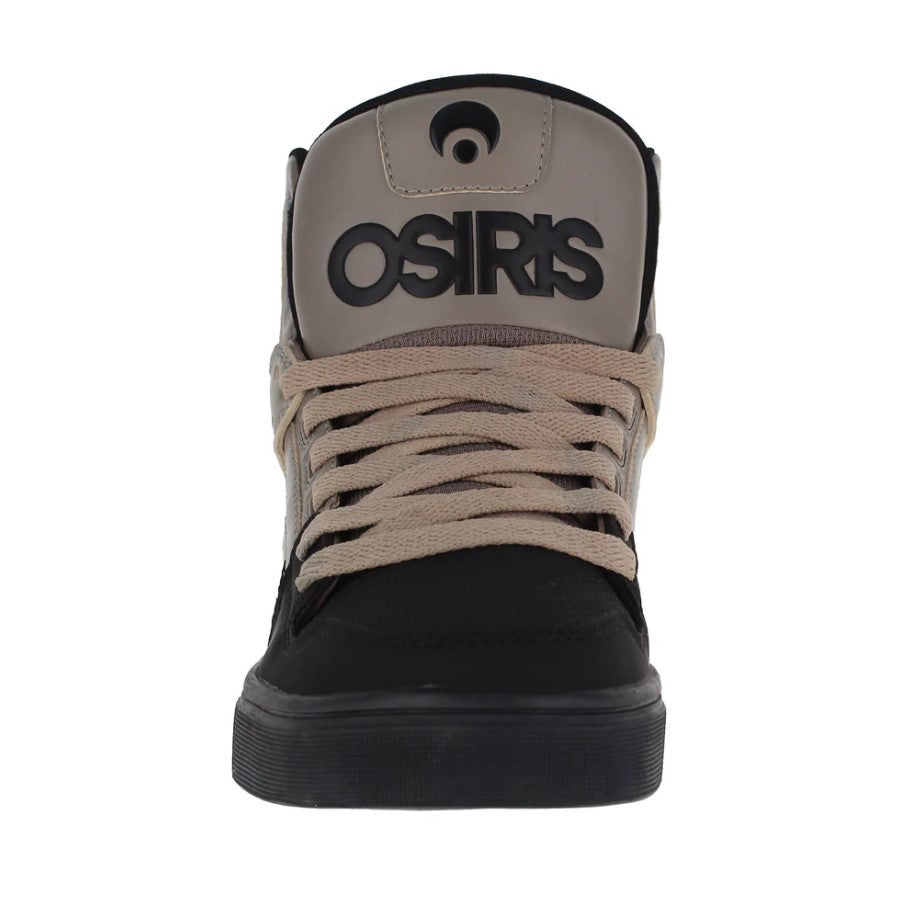 Osiris sneaker with beige and black design on a white background