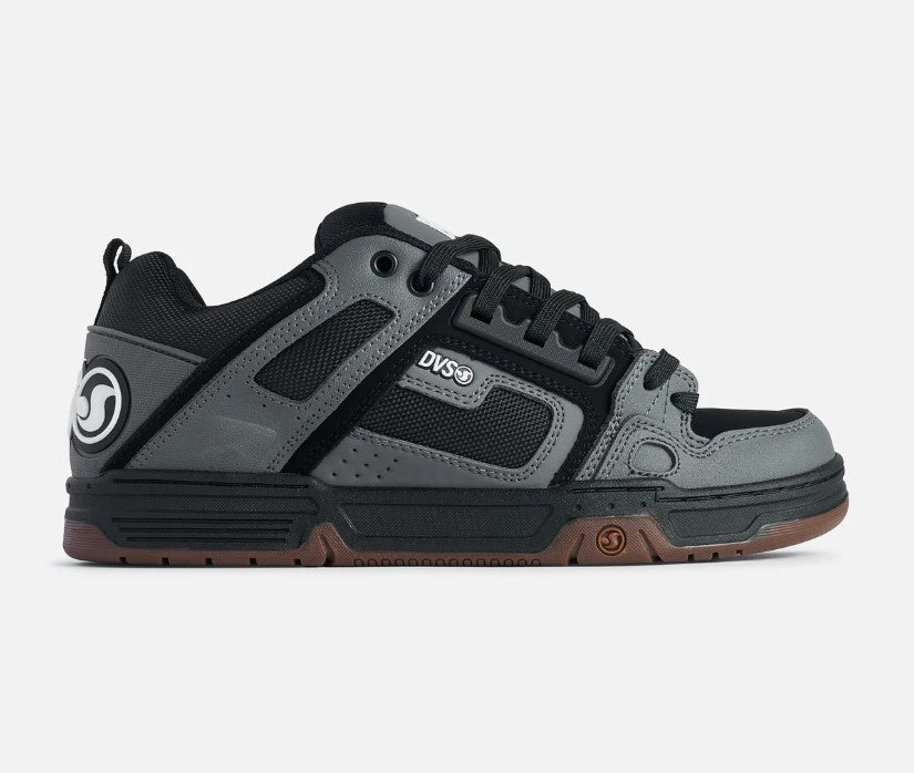 Gray and black DVS skate shoe with brown accents on a white background