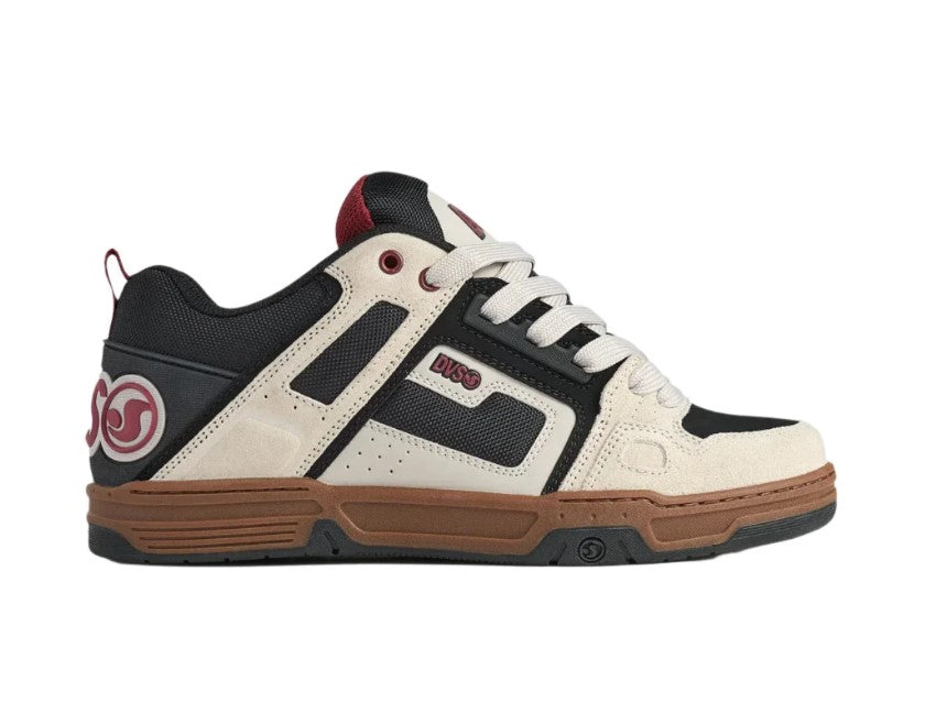 DVS skate shoe with black, white, and brown design on a white background