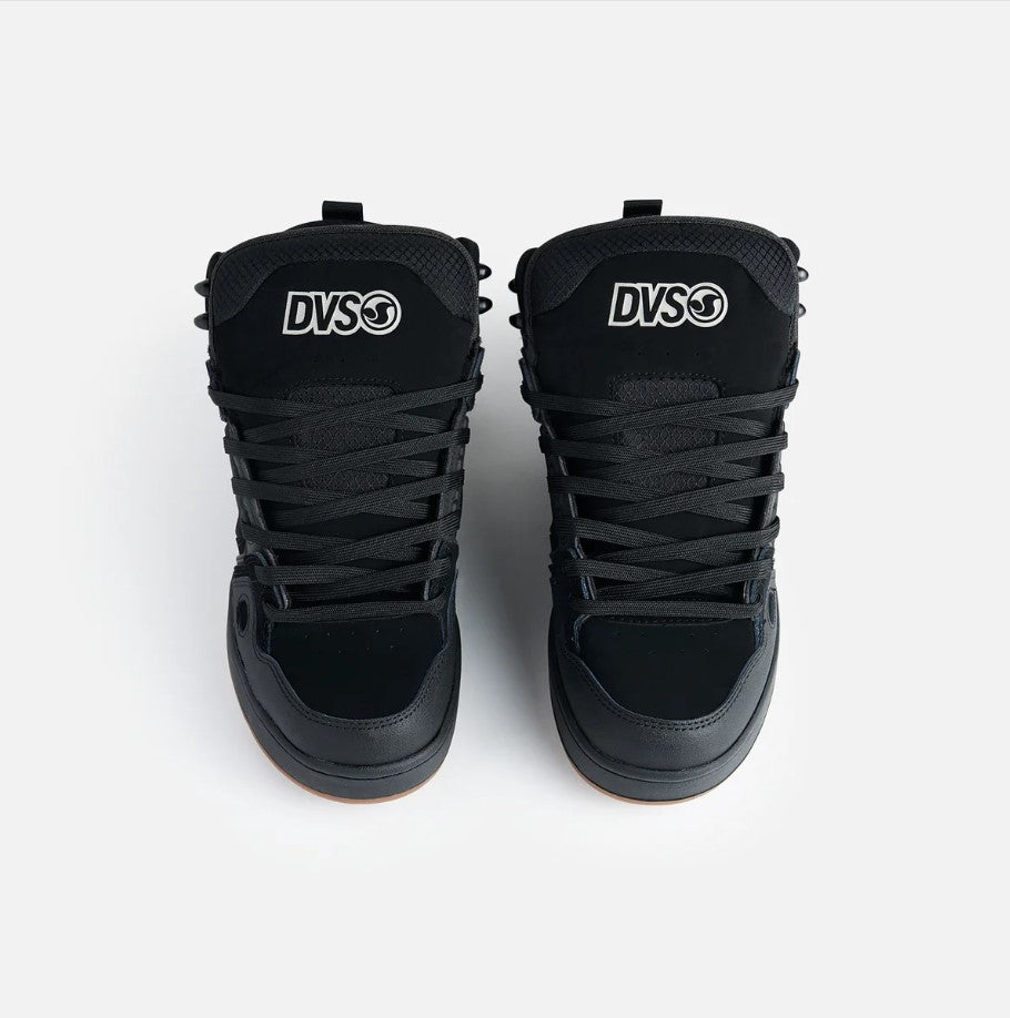 Pair of black high-top sneakers with DVS logo on a white background