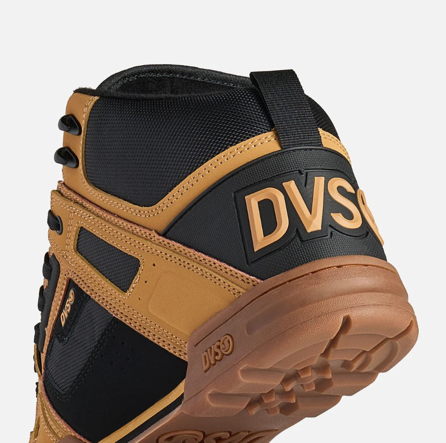 Brown and black boot with 'DVS' branding on a white background