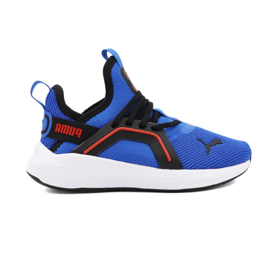 Blue Puma sneaker with black and red accents on a white background