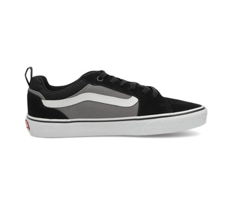 Black, grey, and white vans sneaker on a white background