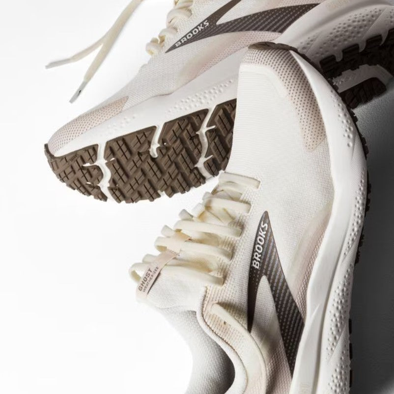 White running shoes with 'Brooks' branding on a light background