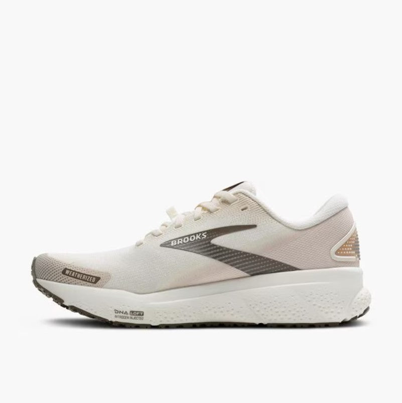 White running shoe with gray accents on a white background