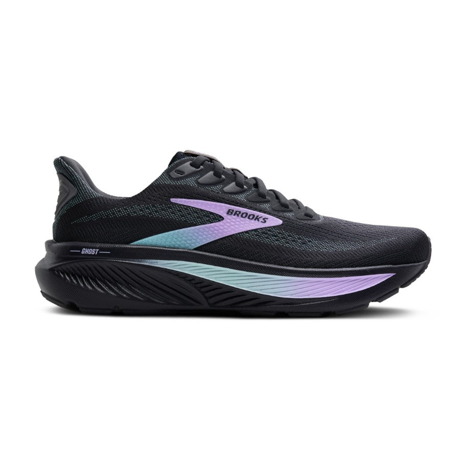 Black running shoe with purple and blue accents on a white background