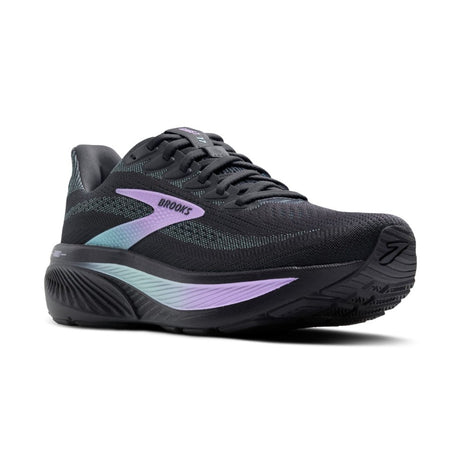 Black running shoe with purple accents on a white background