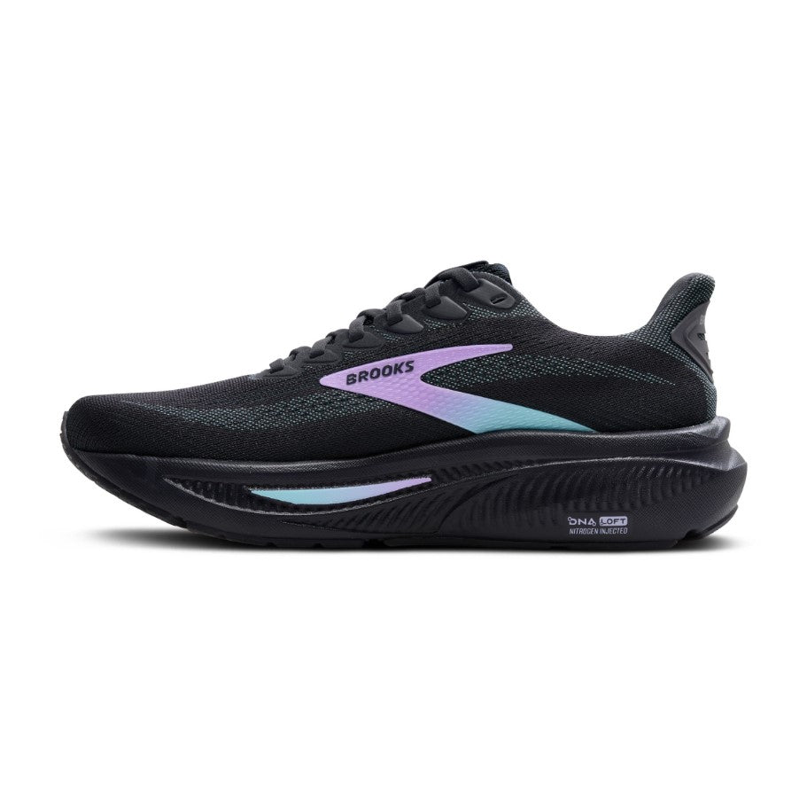 Black running shoe with purple and teal accents on a white background