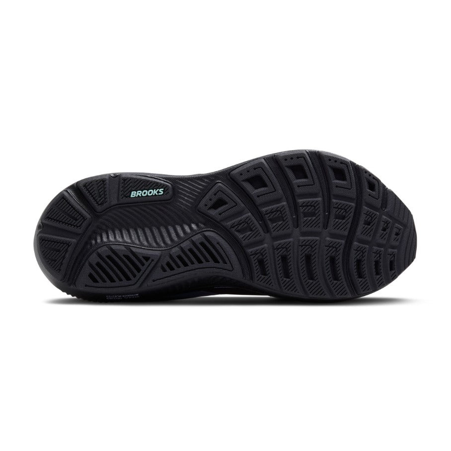 Black running shoe sole with 'Brooks' branding on a white background