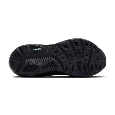 Black running shoe sole with 'Brooks' branding on a white background