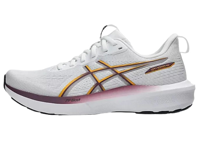 White running shoe with colorful design on a light gray background