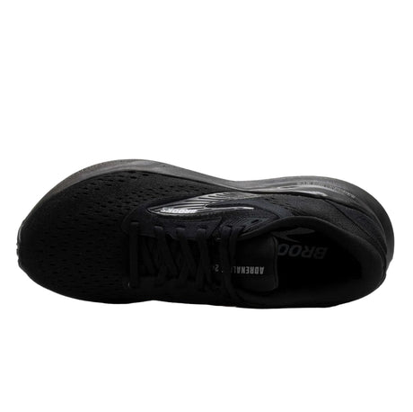 Black running shoe with brand logo on a white background