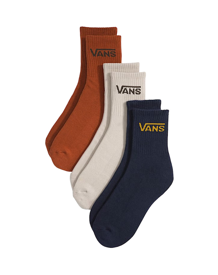Three pairs of Vans socks in rust, white, and navy on a light gray background