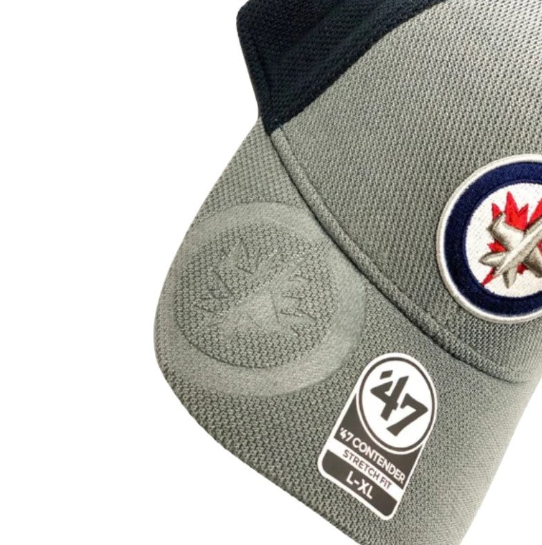 Gray cap with the Jets logo pressed into the brim and '47' brand label sticker on a white background