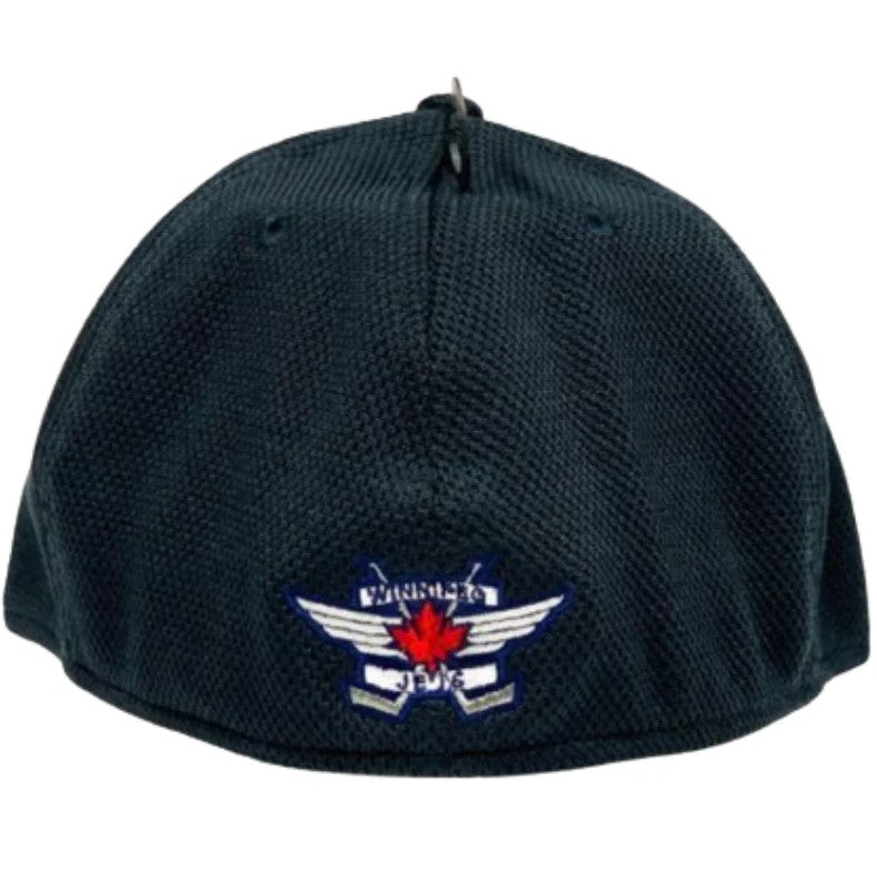 Navy cap with a logo featuring a red maple leaf and wings from the back few of the cap on a white background