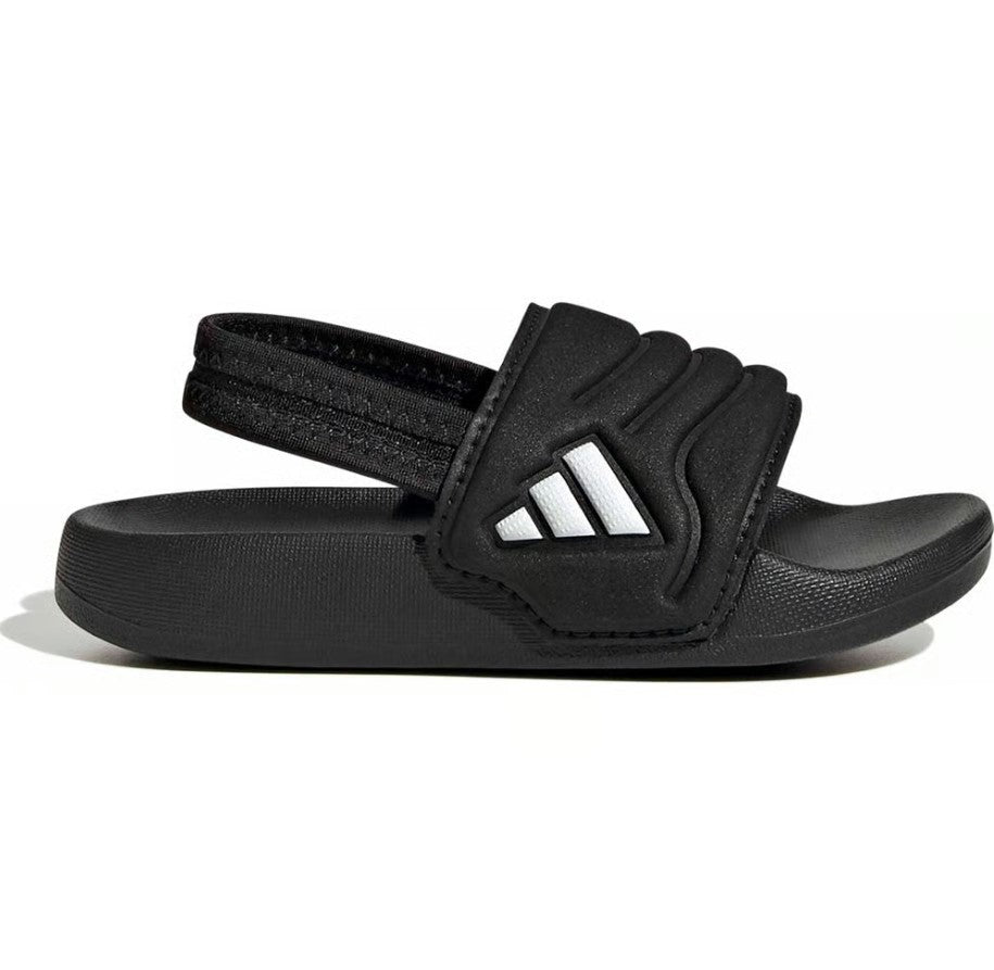 Black Adidas sandal with a white logo and a black heel strap on a white background