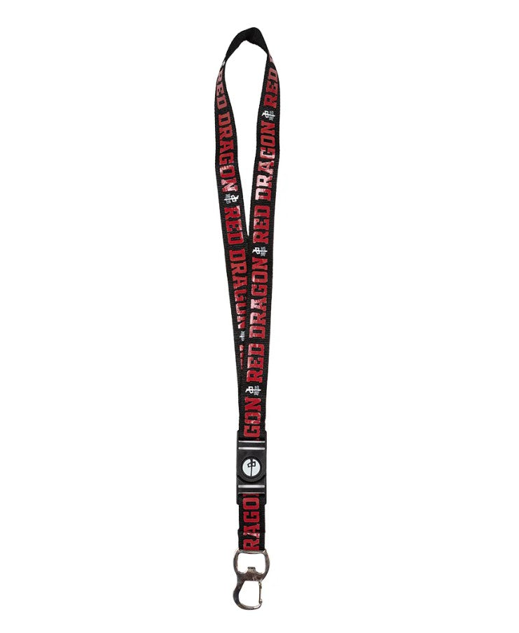 Black lanyard with red "Red Dragon' branding on a white background