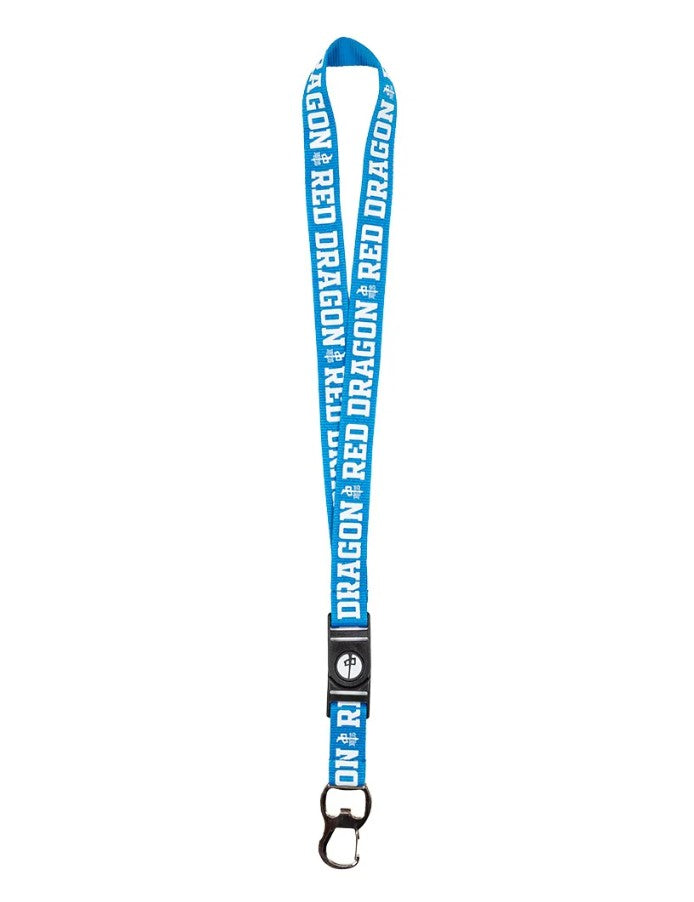 Blue and white lanyard with 'Red Dragon' branding on a white background
