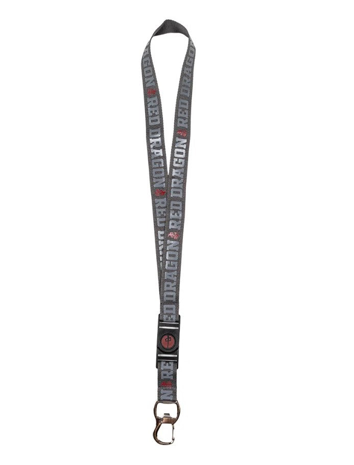 Dark grey lanyard with light grey 'Red Dragon' branding on a white background