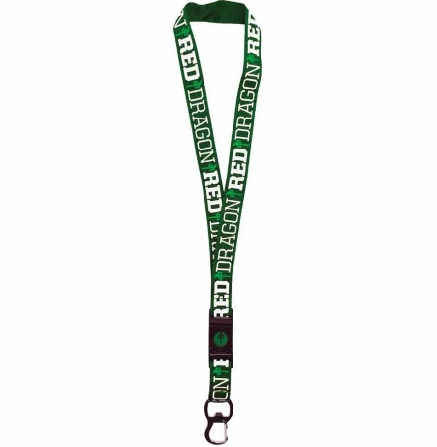 Green lanyard with white 'Red Dragon' branding on a white background