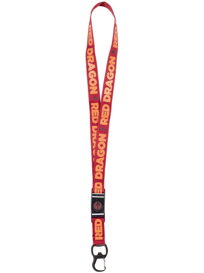 Red lanyard with orange 'Red Dragon' branding on a white background