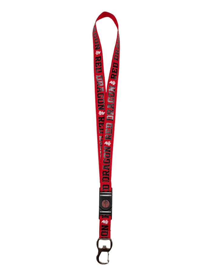 Red lanyard with black 'Red Dragon' branding on a white background