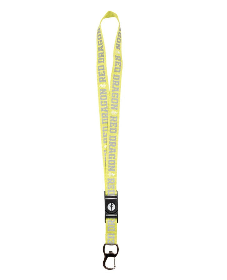 Yellow lanyard with grey ' Red Dragon' branding on a white background