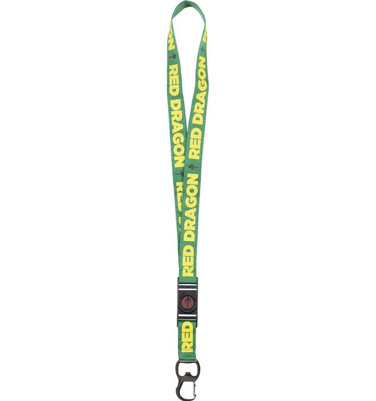 Green lanyard with yellow 'Red Dragon' branding on a white background
