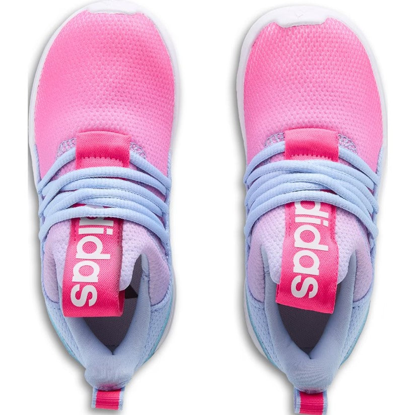 Pink and purple Adidas shoes on a white background