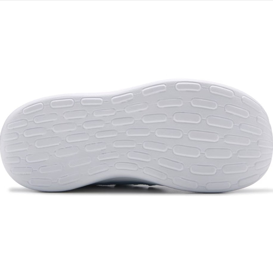 Close-up of a white shoe sole with tread pattern on a white background