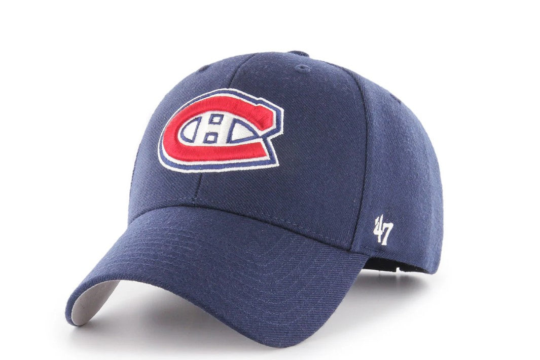 Blue baseball cap with Montreal Canadiens logo and '47' brand on a white background