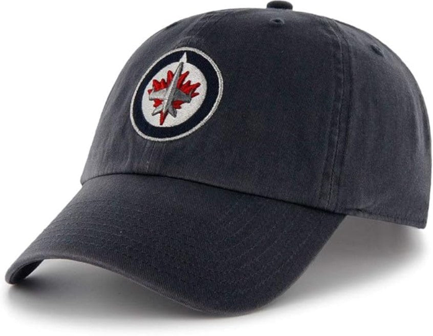 Navy blueish grey cap with a Jets logo on a white background