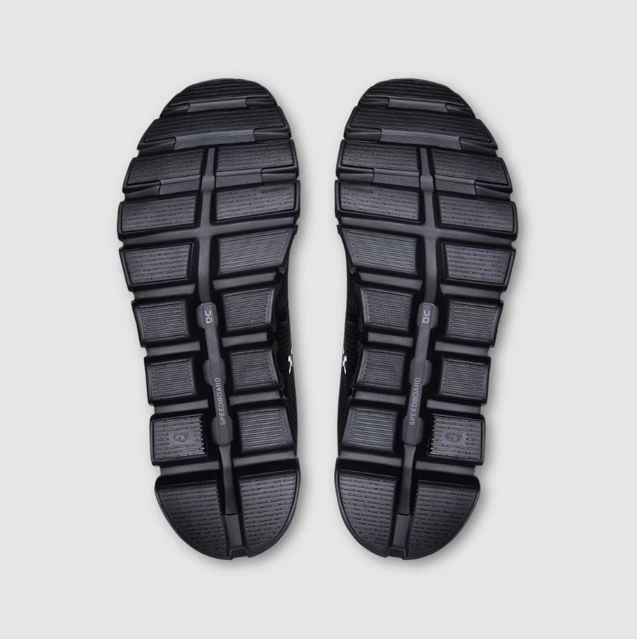 Top view of black sandals with textured sole on a light gray background