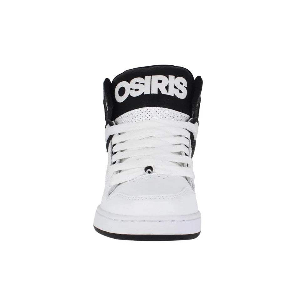 White sneaker with black accents and Osiris logo on a white background