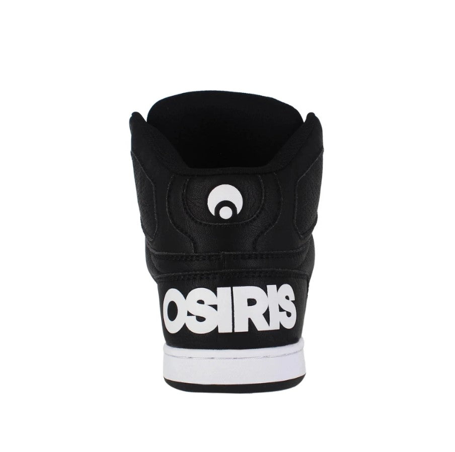 Black high-top shoe with white 'Osiris' branding on a white background