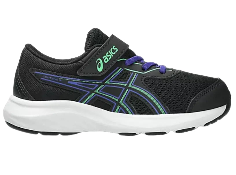 Black running shoe with colorful design on a gray background