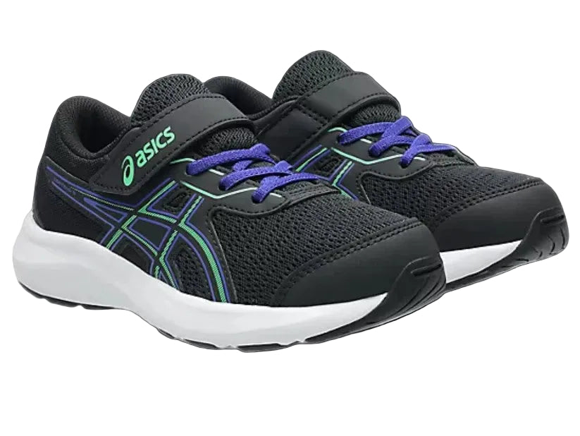 Black and blue running shoes with blue laces on a light gray background