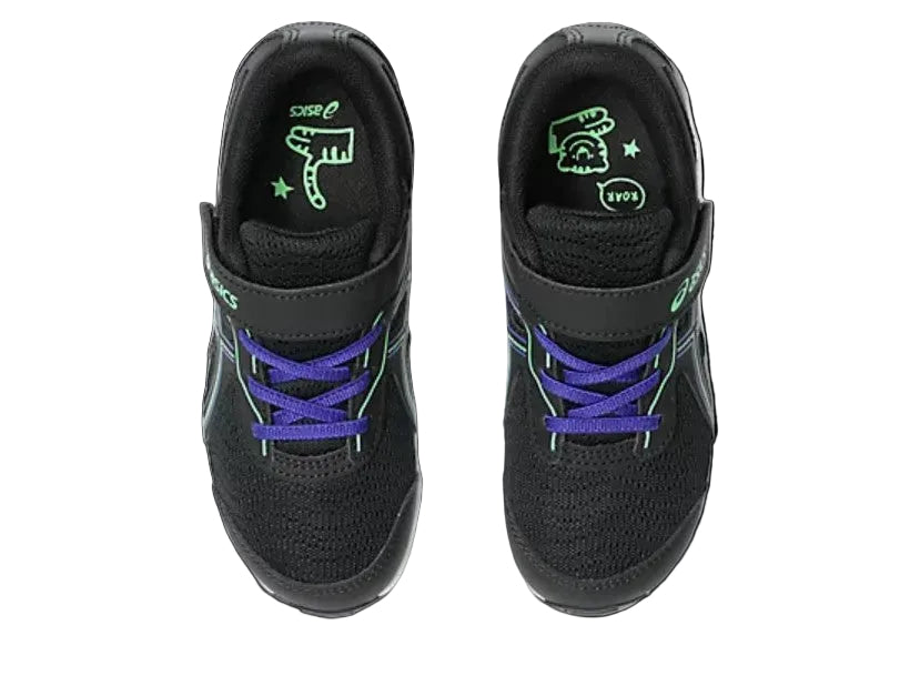 Black children's sneakers with purple laces on a white background
