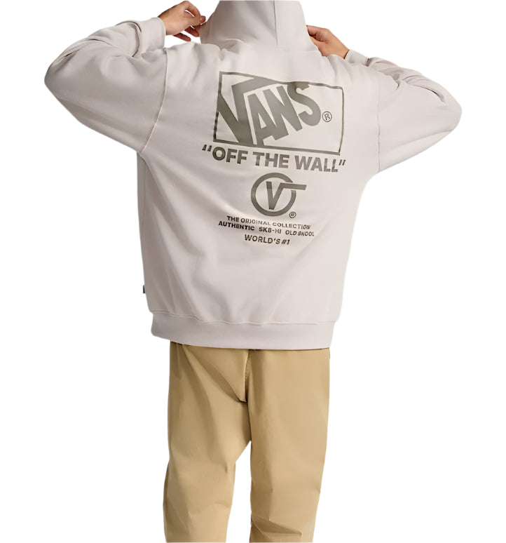 Person wearing a light gray hoodie with Vans branding on a white background