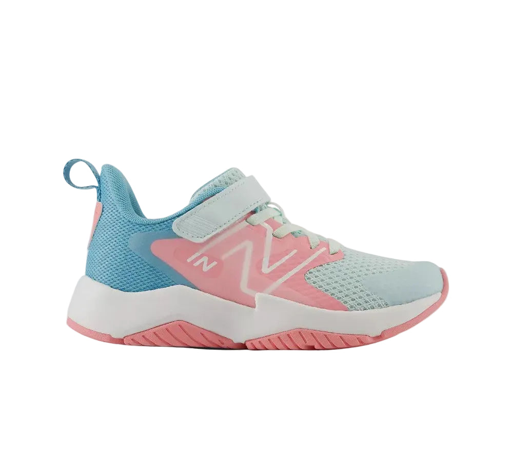 Blue and pink sneaker with New Balance logo on a light gray background