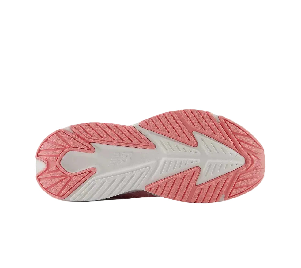 Close-up of a shoe sole with pink and white design on a light gray background