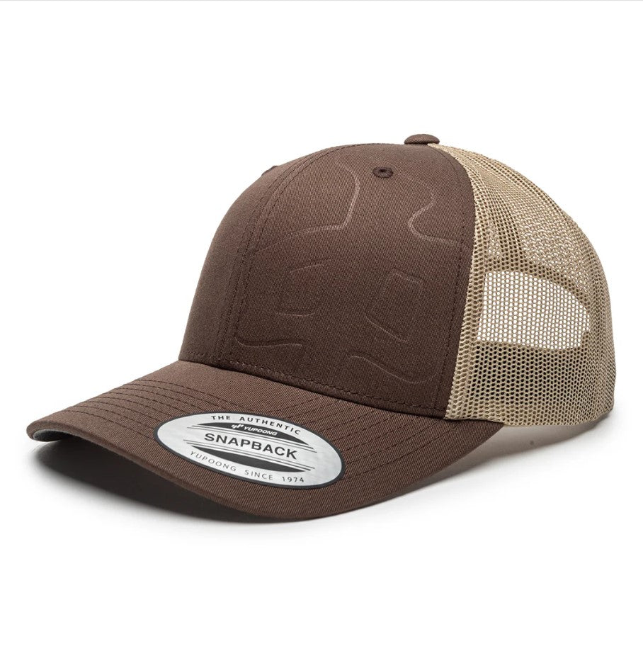 Brown and beige snapback cap on a white background