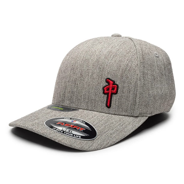 Gray cap with a red logo on a white background