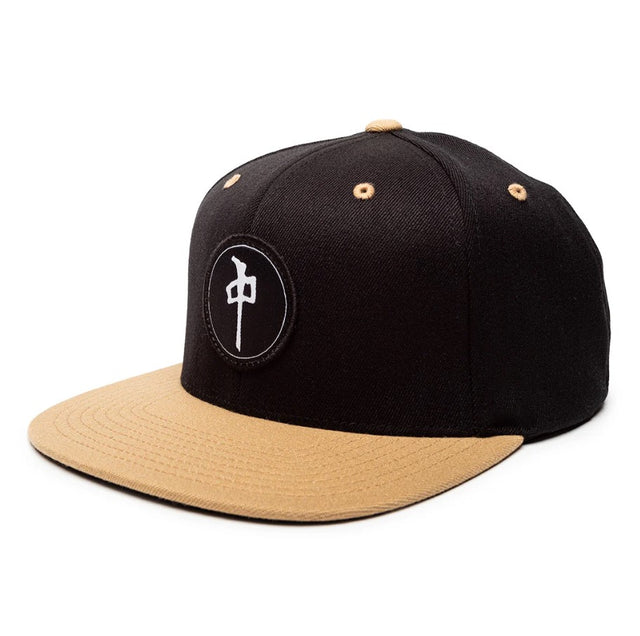 Black and beige cap with a logo on a white background