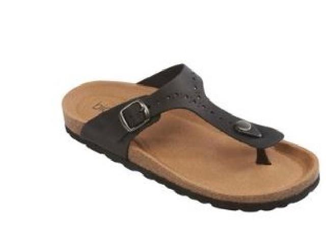 Black Biotime sandal with a tan insole on a white background from Sneakers Plus