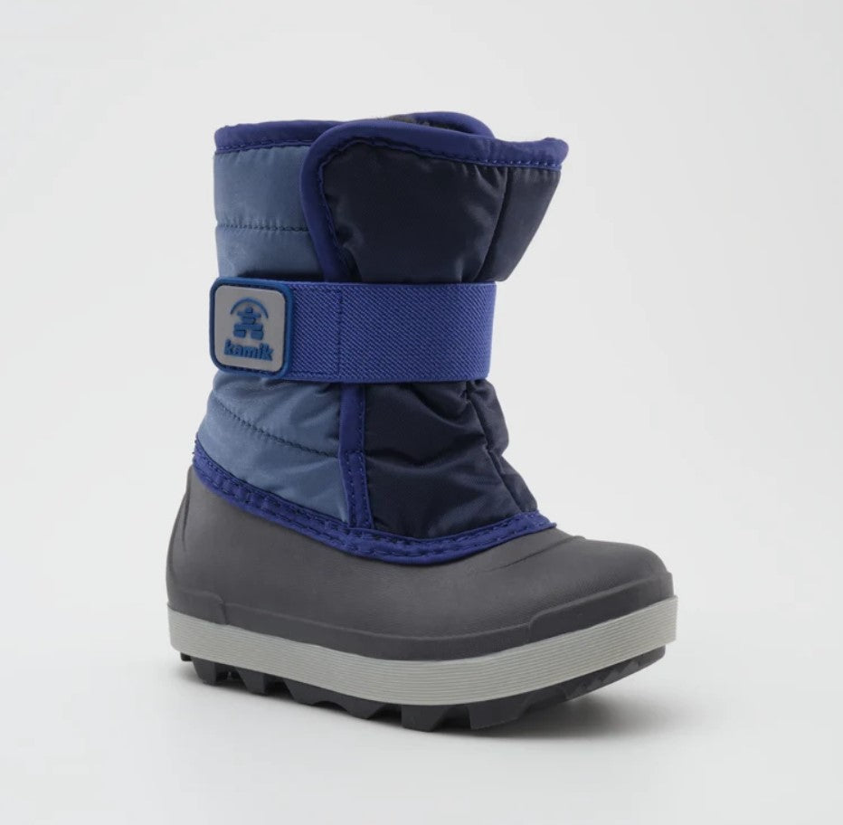 Side angle profile of a blue and navy blue Kamik snow boot